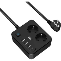 Plastrol Regleta de enchufes con 2 enchufes Schuko de 230V, 3 puertos USB-A, 1 puerto USB-C y un cable de 2 metros, con interruptor