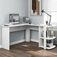 Flieks Escritorio de esquina, diseño en forma de L, escritorio con estanterías, mesa de oficina, tocador con estante, mesa de trabajo de 140x140x75 cm, color blanco
