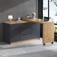 Flieks Escritorio plegable con ruedas, aparador con cajones y mesa auxiliar móvil, mesa de esquina, tocador, escritorio de esquina giratorio, color gris
