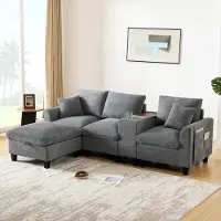 Merax Sofá de esquina en forma de L con espacio para ropa de cama, consola, puertos USB, otomán con espacio de almacenamiento, cojines, sofá de 3 plazas, juego de sofá, sofá, tapizado en tela, color gris