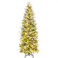 Costway , árbol de Navidad artificial de 190 cm con iluminación y efecto de nieve, diseño de abeto estilizado con 280 luces LED de color blanco cálido y 60 piñas. Árbol de Navidad de perfil estrecho