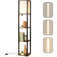 Costway Lámpara de pie de 163 cm con estantes, lámpara de pie de madera con tiras LED de 3 niveles ajustables y interruptor en el pie, lámpara de pie moderna con estante expositor