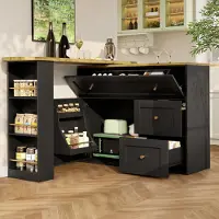 OKWISH : Mesa alta plegable con espacio de almacenamiento, armario de cocina con estante para aperitivos, armario de cocina telescópico, isla de cocina negra