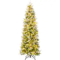Costway , árbol de Navidad artificial de 225 cm con iluminación y efecto de nieve, diseño de abeto estilizado con 350 luces LED de color blanco cálido y 75 piñas. Árbol de Navidad de perfil estrecho