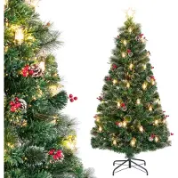 Costway , árbol de Navidad artificial de 180 cm, con piñas, lámparas de queroseno y bayas rojas, árbol de Navidad con luces LED, 8 modos, fibra óptica y adorno con forma de estrella, color verde