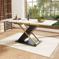 Sweiko Mesa extensible (120-160 x 80 cm), mesa para cocina y salón, mesa extensible que se puede ampliar hasta 160 cm gracias a una placa extensible interna, mesa de comedor con patas cruzadas doradas