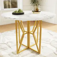 Sweiko Mesa redonda para comedor (80 x 80 x 76 cm), una mesa redonda ligera y elegante para 4-6 personas, ideal para comedores y salones, con patas doradas y tablero de MDF con efecto mármol