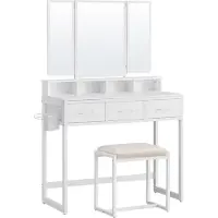 Vasagle : Mesa de maquillaje con taburete acolchado, mesa de maquillaje con espejo triple, 3 cajones, soporte para secador de pelo, mesa de cosméticos, diseño moderno