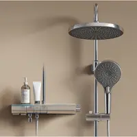 Emke Sistema de ducha con termostato, acabado cromado, con iluminación ambiental LED azul, pantalla digital, ducha de lluvia de 250 mm, desagüe para bañera y estante de vidrio F25
