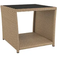 Syfax Mesita auxiliar con tablero de vidrio, color beige, fabricada en ratán sintético y con superficie de vidrio templado