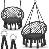 Tillvex Silla colgante negra de 200 kg | Silla colgante para interior y exterior | Cesta colgante resistente a la intemperie | Cesta colgante con cojín