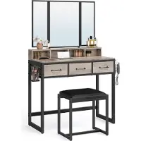 Vasagle Mesa de maquillaje con espejo plegable de 3 partes, soporte para secador de pelo, mesa de cosméticos con taburete acolchado, 3 cajones, diseño industrial, color gris y