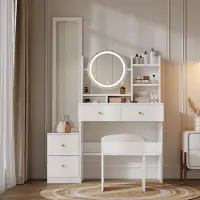 Merax Mesa de maquillaje 4 en 1 con taburete, espejo de cuerpo entero, espejo de mesa giratorio con luces LED, intensidad ajustable, 4 cajones y estantes abiertos, color blanco