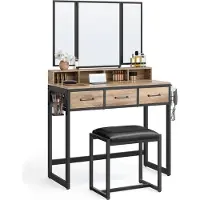 Vasagle : Mesa de maquillaje con taburete acolchado, mesa de maquillaje con espejo triple, 3 cajones, soporte para secador de pelo, mesa de cosméticos, estilo industrial, color roble marrón