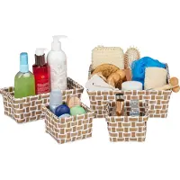 Relaxdays , juego de 4 cestas de almacenamiento, cestas en 3 tamaños, trenzadas, cesta para el baño, cesta decorativa de plástico, color blanco y marrón