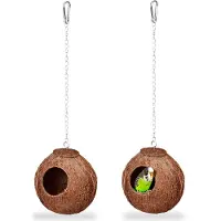Relaxdays , set de 2 casas para pájaros, hechas de cáscara de coco, dimensiones: 14 x 12,5 x 12 cm, nido para pájaros, ideales para periquitos y canarios, diseño natural