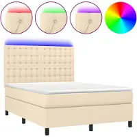 Syfax Cama box spring colchón y luces LED tela crema 140x190 cm
