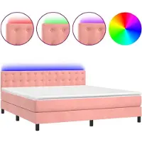 Syfax Cama box spring colchón y LED terciopelo rosa 180x200 cm