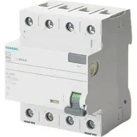 Siemens Interruptor diferencial , 4 polos, tipo A, con retardo de tiempo corto, 63 A, 30 mA, 1 unidad.
