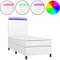 Syfax Cama box spring y colchón LED cuero sintético blanco 90x190 cm