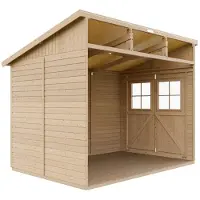 Timbela Caseta de jardín de madera (sin pared lateral) CON BASE IMPREGNADA - Almacén con ventanas - 2,44 x 2,11 x 3,18 metros / 6,02 m2 - M339+M339G
