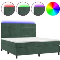 Syfax Cama box spring colchón y LED terciopelo verde oscuro 180x200cm