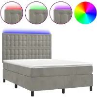 Syfax Cama box spring colchón y LED terciopelo gris claro 140x190 cm