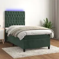 Prolenta Maison Exclusive: Base de cama con somier, colchón y luces LED, color verde oscuro, 90x190 cm, tapizada en terciopelo
