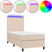 Syfax Cama box spring colchón LED cuero sintético capuchino 90x190 cm