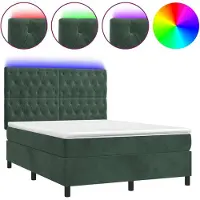 Syfax Cama box spring colchón y LED terciopelo verde oscuro 140x190cm