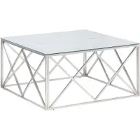 Syfax Mesa de centro plateada, fabricada en acero inoxidable y con superficie de vidrio templado