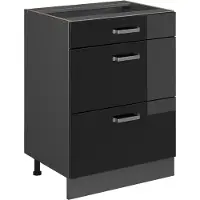 Vicco Mueble bajo de cocina R-Line Negro brillo intenso 60 cm con cajones, sin encimera, Model 41176