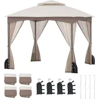 Costway Pabellón de 3x3 metros con mosquitera, 4 sacos de arena y techo doble, impermeable, estable, resistente al invierno, ideal para fiestas, pabellón de jardín, color caqui