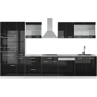 Vicco Mueble de cocina R-Line Negro brillo/blanco 350 cm con armario alto, ET Mármol, Model 40992