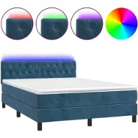 Syfax Cama box spring colchón y LED terciopelo azul oscuro 140x200 cm