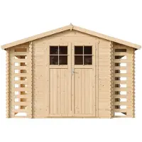 Timbela Casa de jardín de madera con cobertizo para leña M391F - 328 cm de ancho x 206 cm de largo x 218 cm de alto / 3,53 + 0,97 + 0,97 m2