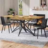 STILVORA : Mesa rectangular para comedor, extensible, con patas en forma de estrella y patas de hierro . Tablero de madera de nuez