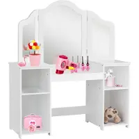 Costway Mesa de maquillaje y escritorio 2 en 1 para niños, con espejo desmontable, tocador para niñas con compartimentos abiertos, cómoda de tocador de madera, tocador blanco