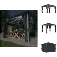 vidaXL Pabellón con cortinas y guirnalda de luces LED, 3x3 metros, color antracita, aluminio - Pabellones y carpas para fiestas