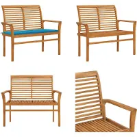 vidaXL Banco de jardín con cojín azul, 112 cm, de madera maciza de teca. Banco de jardín, bancos de jardín, banco de terraza, bancos de terraza