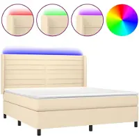 Syfax Cama box spring colchón y luces LED tela crema 160x200 cm