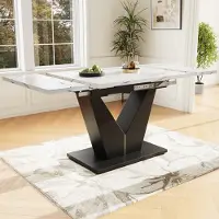 STILVORA : Mesa de comedor extensible de 99-159 x 75 cm, mesa de cocina con amplia superficie de trabajo, diseño moderno con patrón de mármol, rectangular, de metal, en color blanco/