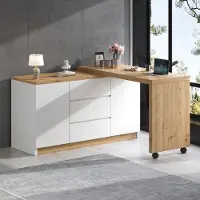 Flieks Escritorio plegable con ruedas, aparador con cajones y una mesita auxiliar móvil, mesa de esquina, tocador, escritorio de esquina, giratorio, con acabado natural