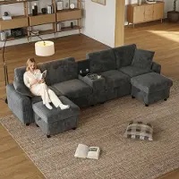 Merax Sofá modular en forma de U con 2 otomanas, puertos USB y Type-C, mesa de centro y portavasos, 2 cojines, sofá de 4 plazas con espacio de almacenamiento, tapizado en tela, color gris