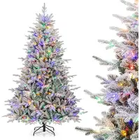 Costway Árbol de Navidad artificial de 210 cm, abeto con recubrimiento de nieve, con 350 luces LED multicolores, 8 modos de iluminación y 1164 puntas de rama, árbol de Navidad iluminado