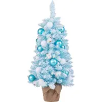 Costway , mini árbol de Navidad artificial de 90 cm, abeto pequeño con efecto de nieve, 136 puntas, 12 bolas de algodón, 24 adornos navideños y base de cemento, color azul