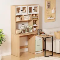 Merax Escritorio con armario alto, mesa giratoria y puertas de acrílico, mesa para ordenador, armarios de cocina, ideal para comedor, salón, estudio, estilo natural