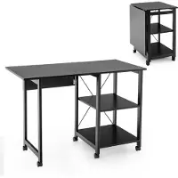 Costway Mesa de ordenador plegable , escritorio con dos estantes y 6 ruedas, mesa de trabajo negra