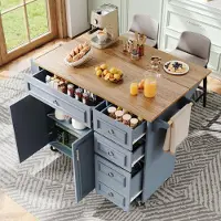 OKWISH : Armario de cocina que también sirve como carro de servicio, isla de cocina con ruedas y diseño vintage, mesa de comedor multifuncional con espacio de almacenamiento, color azul