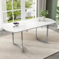 MODFU - Mesa de comedor extensible, 140/180 x 80 cm, patas metálicas plateadas, mesa multifuncional para el tiempo libre, ideal para 4-6 personas, color blanco con patas plateadas